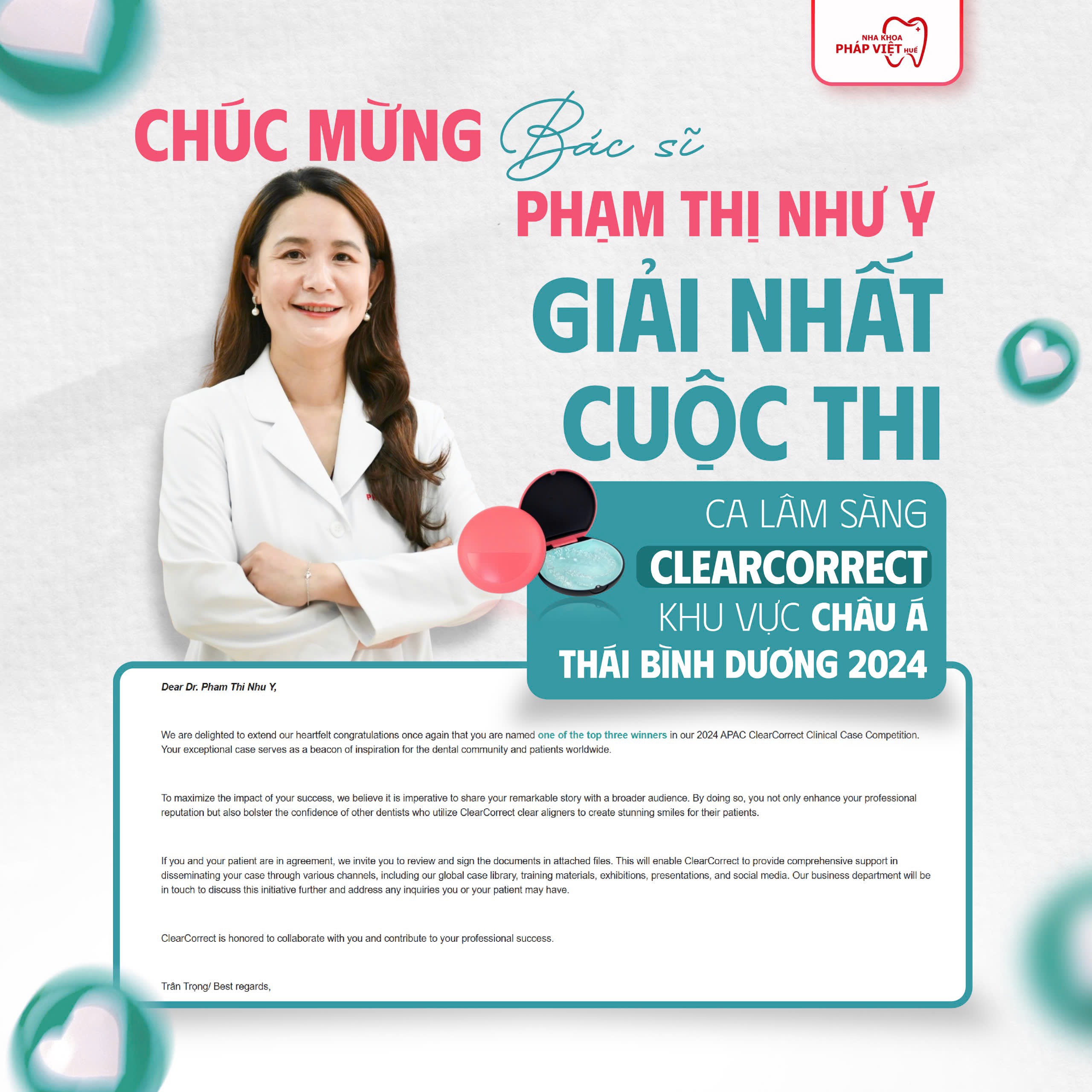 Bác sĩ Phạm Thị Như Ý đạt giải Nhất cuộc thi Ca lâm sàng ClearCorrect khu vực Châu Á Thái Bình Dương 2024